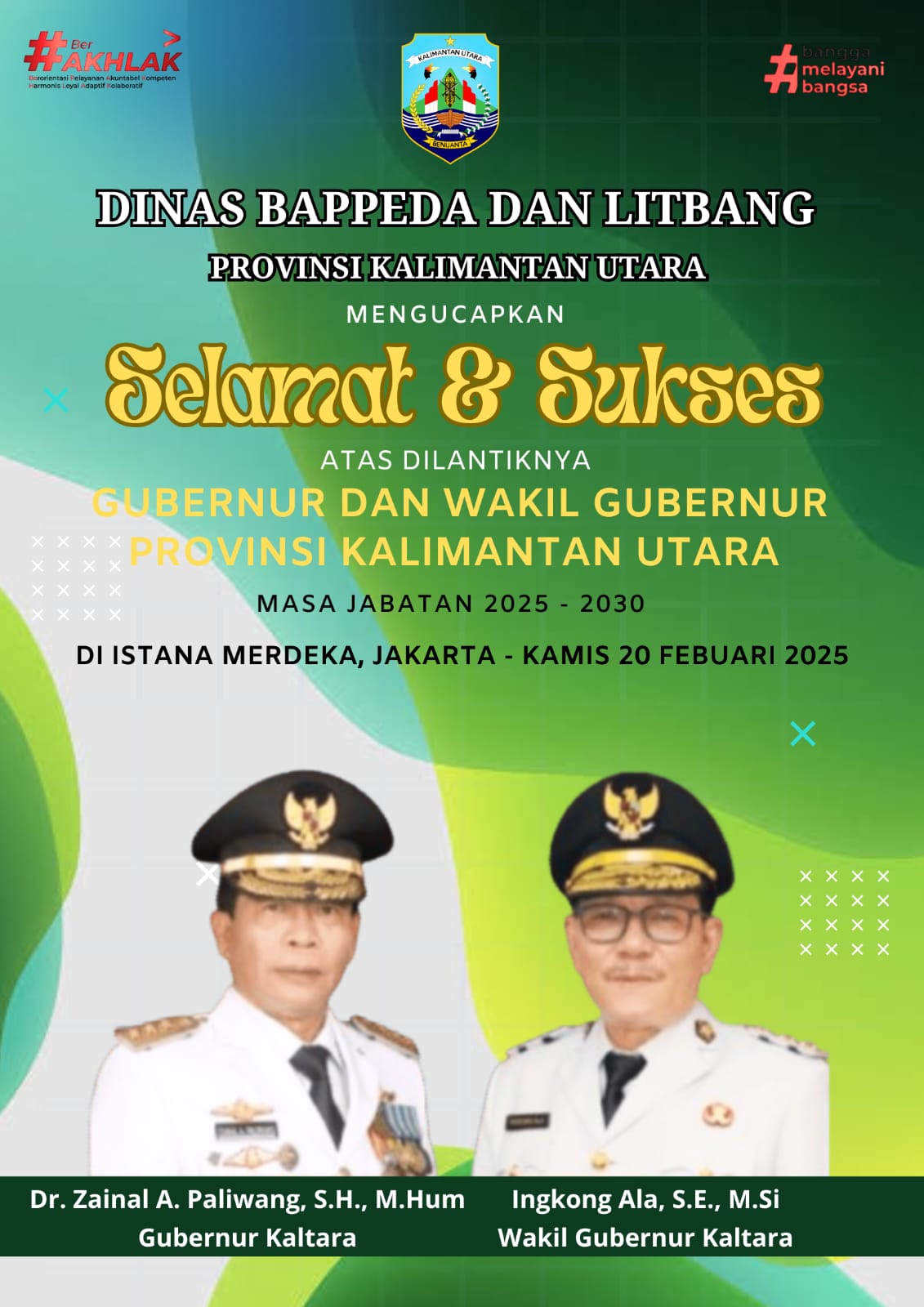 Iklan ucapan dinas Bappeda dan Litbang pelantikan gubernur dan wakil gubernur